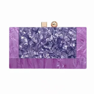 Vintage acrylic evening clutch bag with purple marble texture and gold metal clasp