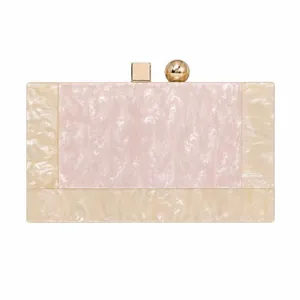 Elegant acrylic evening clutch bag with pink marble texture and gold hardware detailing
