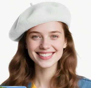 French style white wool beret for women featuring soft texture and small top tail