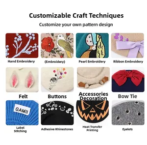 Detail showing 12 custom wool beret craft options like embroidery and felt applique