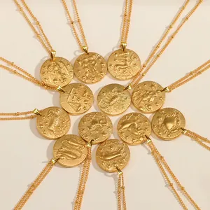 Gold stainless steel zodiac coin necklaces featuring 12 embossed constellation designs
