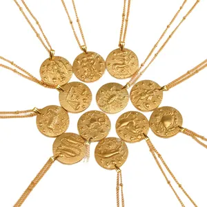 Golden zodiac coin necklace set featuring 12 embossed constellation pendants on dainty chains