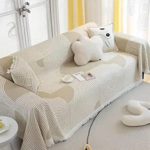 Jeté De Canapé Couverture Pur Coton Tissage Gaufre Motif Géométrique Avec Glands Antipoussière Style Nordique Moderne