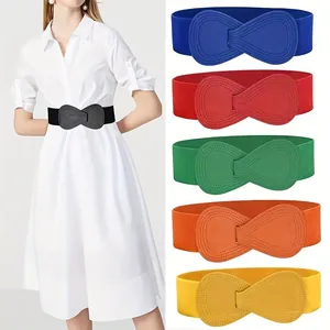 Women Wide Elastic Waist Belt Faux Leather Bow Knot Interlocking Cinch Belt For Dresses Fashion Accessory