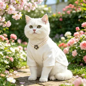 Elegant white pet dress with double-layered pearl necklace in a sunny floral garden
