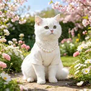 Elegant pet shirt with pearl necklace on a cat in a sunny flower garden setting