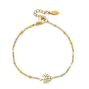 18k gold plated stainless steel bracelet with colorful enamel beads and tree of life charm