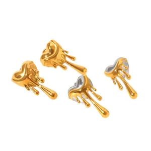Polished stainless steel 18K gold lava heart earrings with unique metallic drip design