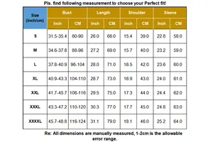 Size chart for breastfeeding shirts with measurements in inches and cm for S to 4XL sizes