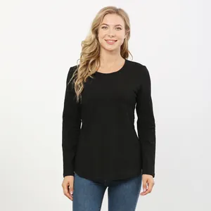 Close-up of nursing top with stylish round neckline and curved hem in black fabric