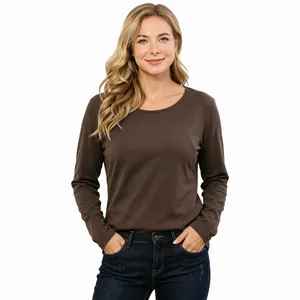 Detail of a brown long sleeve maternity top with side nursing access and crew neck