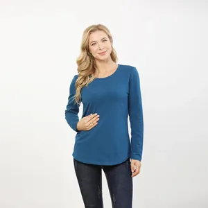 Close-up of peacock blue nursing top featuring a round neck and side-opening detail