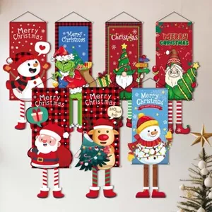 Vertical Christmas banners featuring Santa, Snowman, and Reindeer patterns for home wall decor