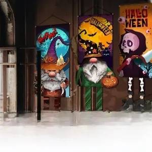 Detailed view of Halloween hanging banners with gnome and pumpkin festive designs