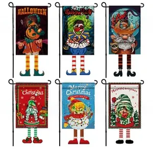 Set of 6 festive Christmas and Halloween garden flags with striped decorative legs