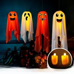 Detail view of glowing Halloween ghost hanging ornaments with LED light accessories