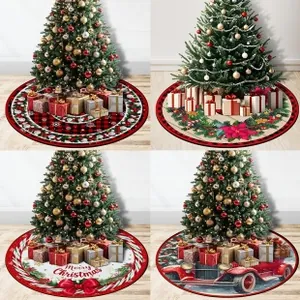 Detailed four-panel view of festive Christmas tree skirts in varied classic holiday patterns