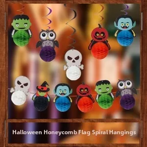 Detailed Halloween banner with honeycomb paper balls and spiral hanging ghost decorations