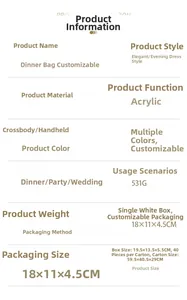 Specifications of the acrylic evening clutch showing size 18x11x4.5cm and weight 531g