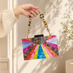 Detail of acrylic evening clutch with colorful radial stripes and resin chain strap