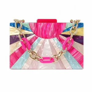 Multicolor marble pattern acrylic evening clutch bag with chain handle for weddings
