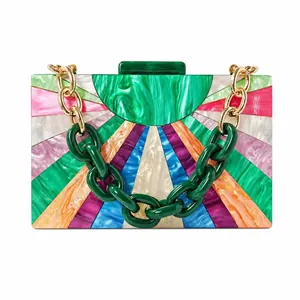 Colorful acrylic evening clutch with geometric patchwork design and resin chain strap