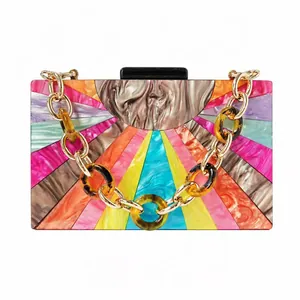 Macro detail of colorful acrylic paneling and chunky resin chain on evening clutch bag