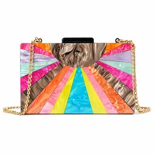 Detailed view of colorful acrylic paneling and gold chain on the evening clutch bag