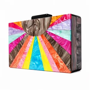 Macro detail of acrylic evening bag with colorful sunburst ray pattern and metal clasp