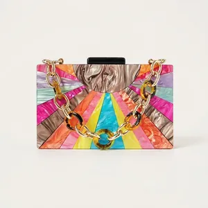 Evening Clutch Bag Acrylic Resin Sunburst Colorful Pattern Chunky Chain Wedding Party Fashion Minimalist For Women