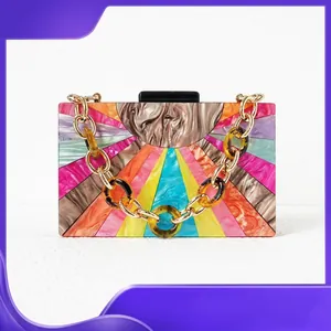 Evening Clutch Bag Acrylic Resin Sunburst Colorful Pattern Chunky Chain Wedding Party Fashion Minimalist For Women