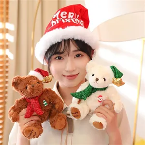 Asian woman holding plush Christmas teddy bears with holiday scarves and festive hats