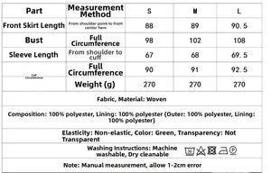 Size chart showing measurements for the tiered ruffle flare sleeve mini dress
