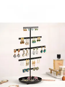 5-tier black metal jewelry organizer stand with earrings holes and storage base tray