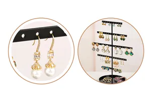 Macro detail of jewelry holes and 5-tier black metal earring display stand with round base