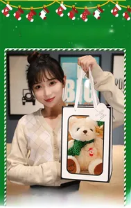 Close-up of a white Christmas teddy bear with green scarf in a matching white gift bag