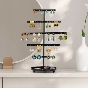 5-tier black metal earring organizer stand with circular tray base for jewelry storage