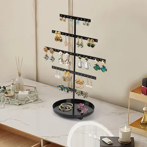 Modern black 5-tier metal earring display stand with a round base for jewelry storage