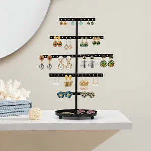 5-tier black metal earring organizer rack with round base for jewelry storage