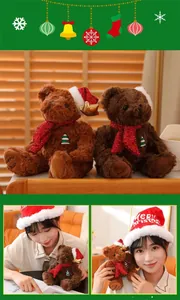 Detail of Christmas teddy bears with red sequin scarves and festive hats in a warm setting