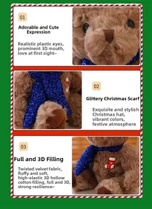 Detailed close-up of brown teddy bear's soft plush fabric and blue sequin scarf