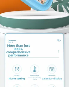 Detail view of the sky blue smart digital alarm clock showing temperature and humidity display