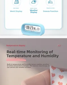 Smart digital alarm clock with LCD screen showing temperature, humidity and weather forecast