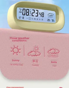 Detail showing LCD screen with time temperature humidity and weather icons on digital clock