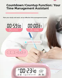 Pink digital timer displaying time temperature and humidity in a study setting