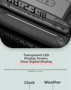 Detail of black smart clock showing transparent LED display with weather and temp