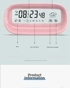 Pink digital alarm clock with large LCD display showing time, date, weather and humidity