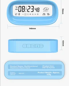 Blue digital alarm clock with LCD screen showing time, weather, temperature and humidity