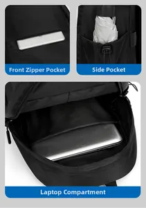 Detailansicht des schwarzen Rucksacks mit Laptopfach und Frontreißverschlusstaschen