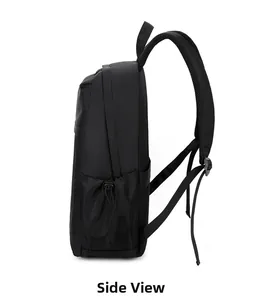 Seitenansicht des schwarzen Laptop-Rucksacks mit atmungsaktiven Mesh-Schultergurten